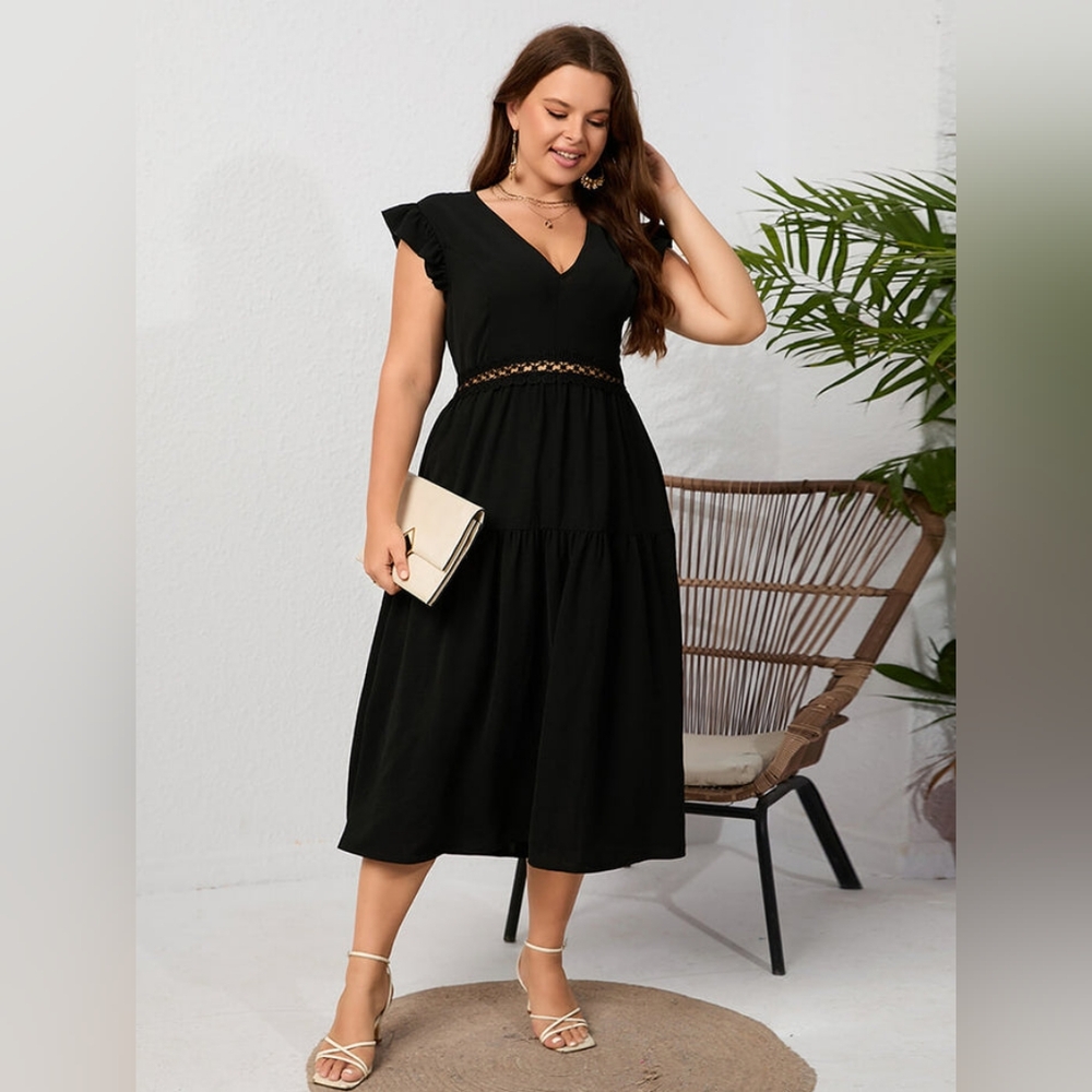 Lace Patchwork Ruffle Sleeve Backless Ruched Midi Dress